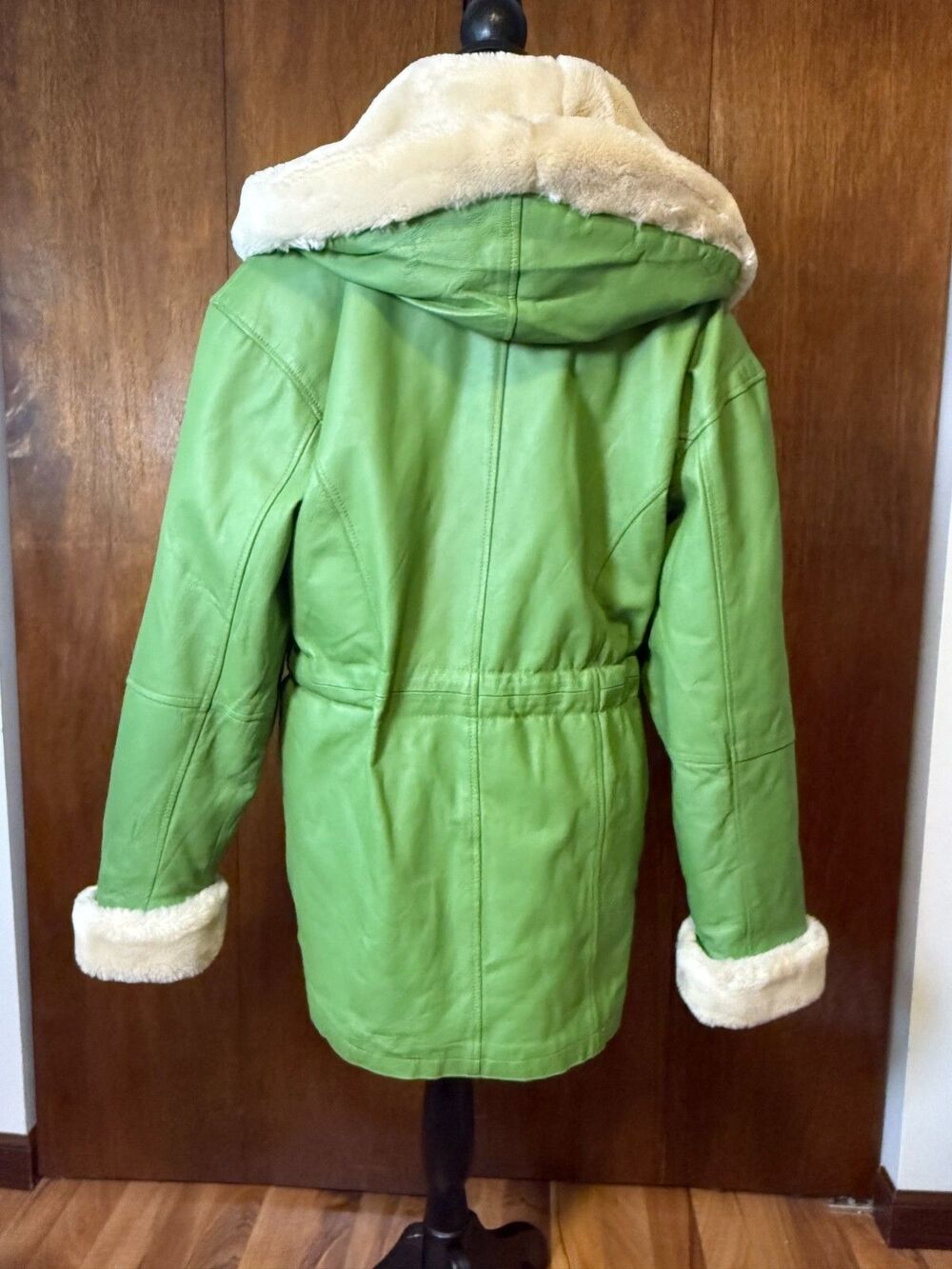 RARE Vtg Leather/Faux Fur Lined USA GREEN Coat w/Hood Penny Lane Protocol Medium - Picture 3 of 16